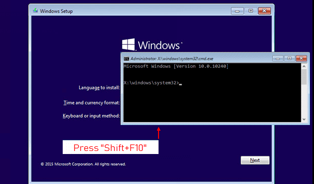 Appuyez sur shift + F10 pour ouvrir la fenêtre de l'Invite de commande sur le disque d'installation de Windows.