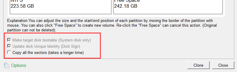 options de clonage du disque dur