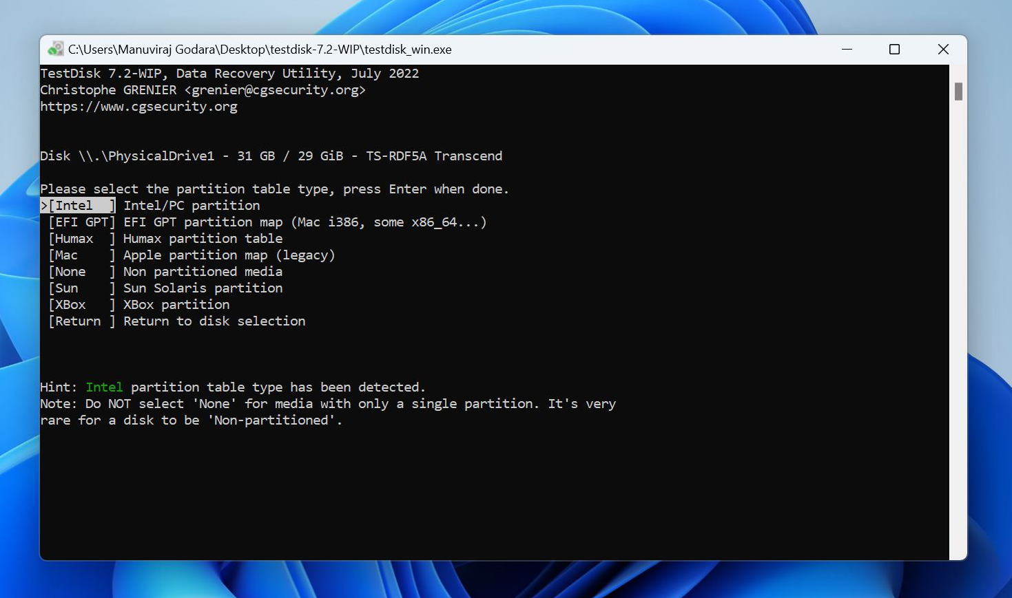 Écran TestDisk permettant de sélectionner le type de table de partition à récupérer.