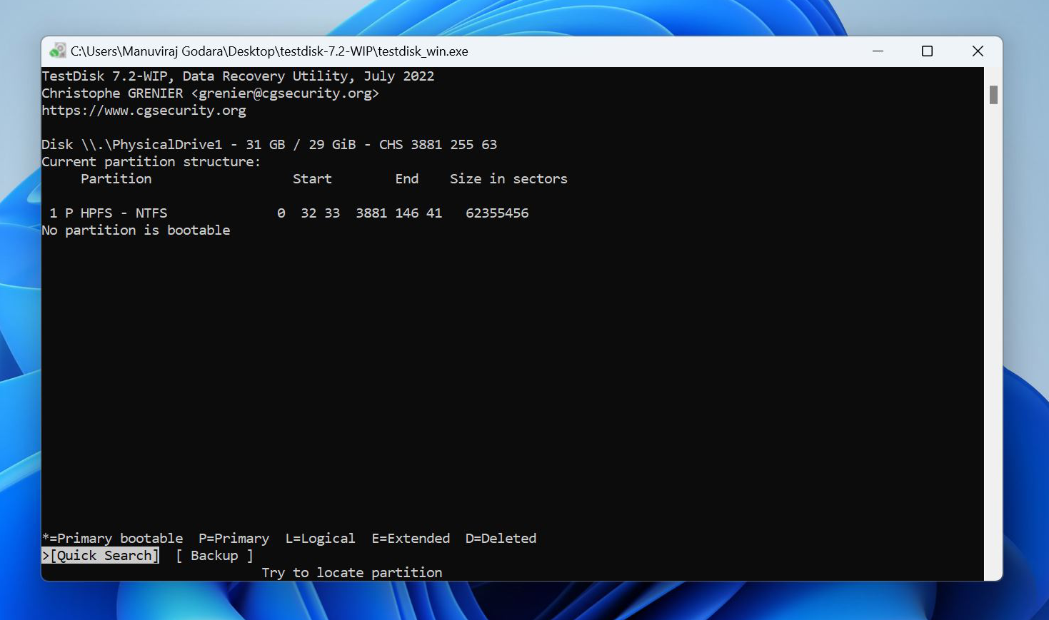 TestDisk montrant une partition avec une option de recherche rapide.