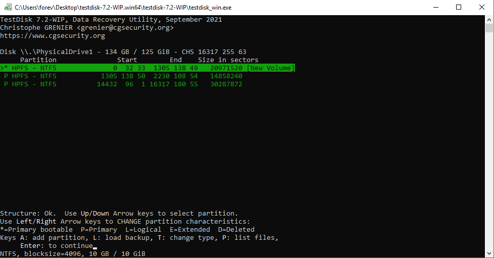 Résultat de la récupération de la partition TestDisk