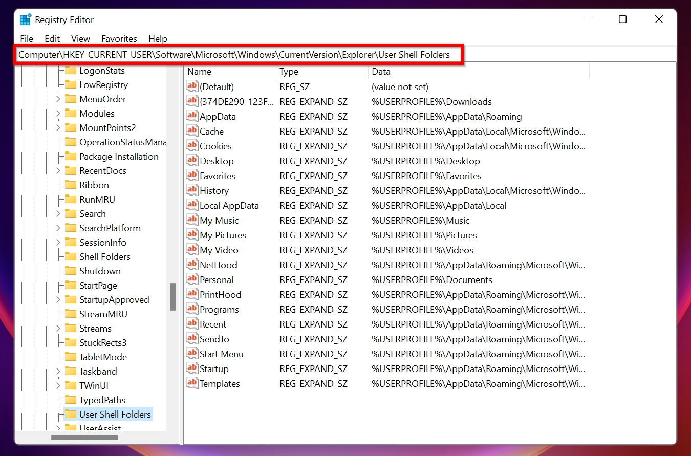 Écran Dossiers du Shell Utilisateur dans l'Éditeur de Registre Windows.