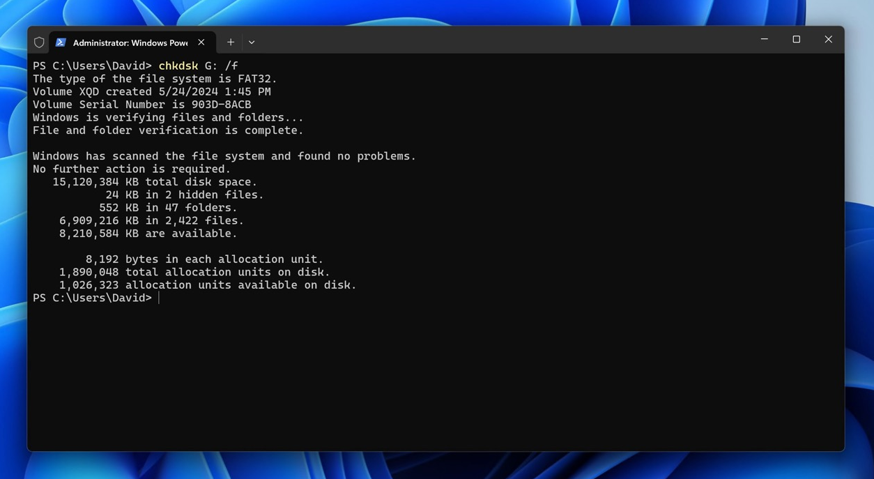 terminal windows chkdsk xqd