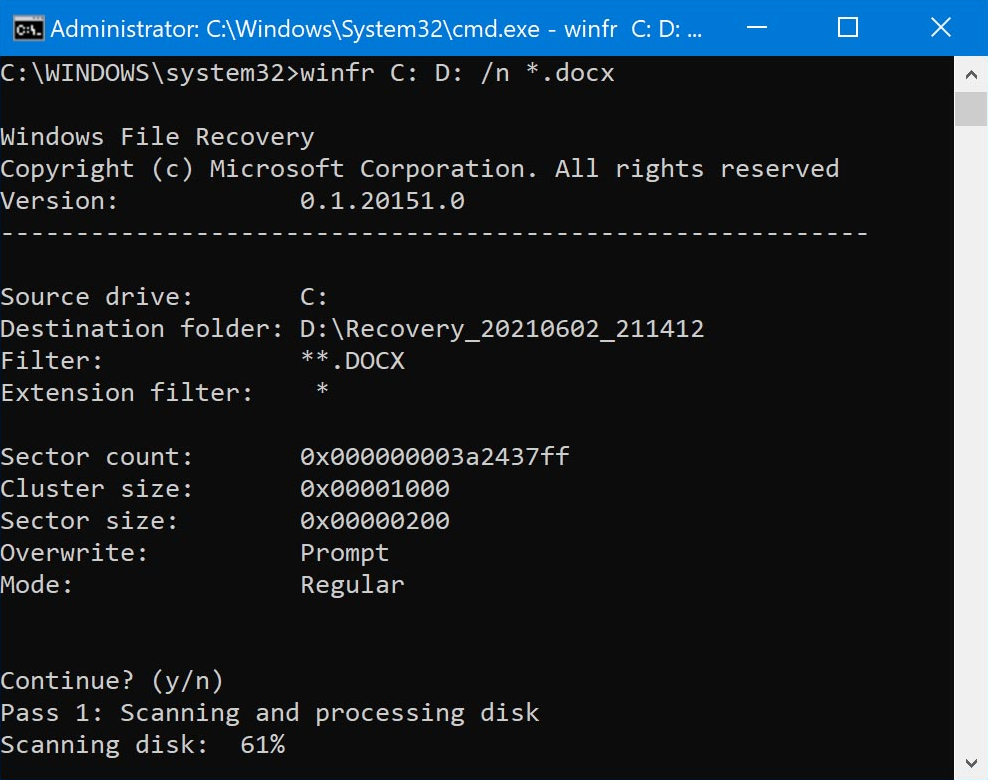 rechercher des fichiers docx sur votre disque avec windows file recovery