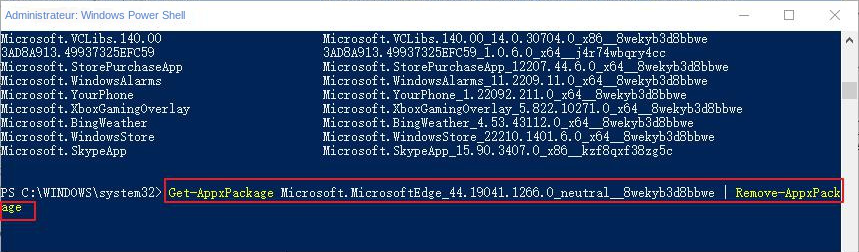 Entrez la commande complète pour désinstaller Microsoft Edge