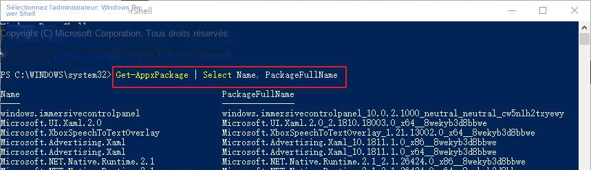 Entrez la commande Get-AppxPackage