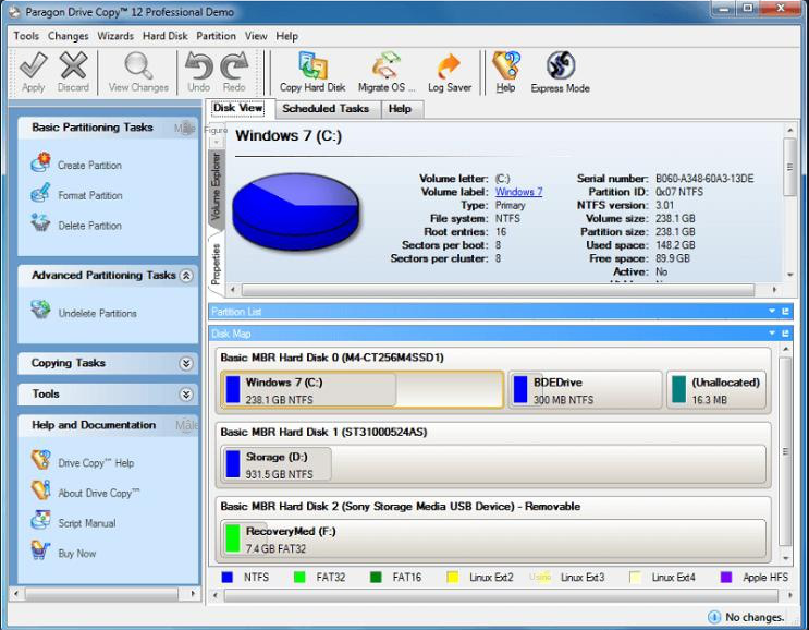 Interface d'utilisation du logiciel Paragon Drive Copy