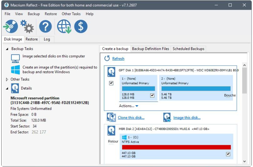 Interface de fonctionnement du logiciel Macrium Reflect