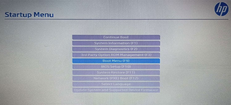 Menu de démarrage d'un ordinateur portable HP