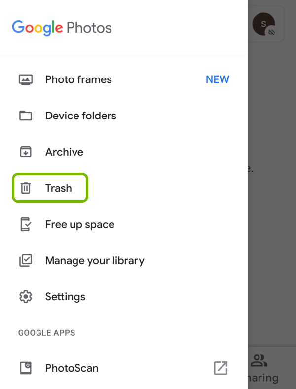 google photos trash dans Android