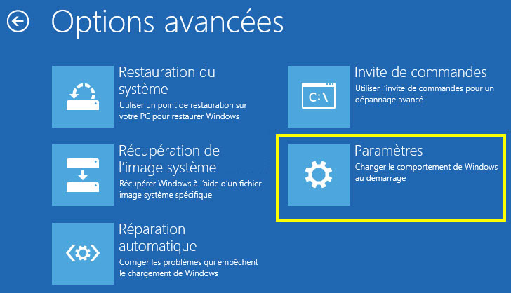 sélectionner les paramètres de démarrage dans les options avancées