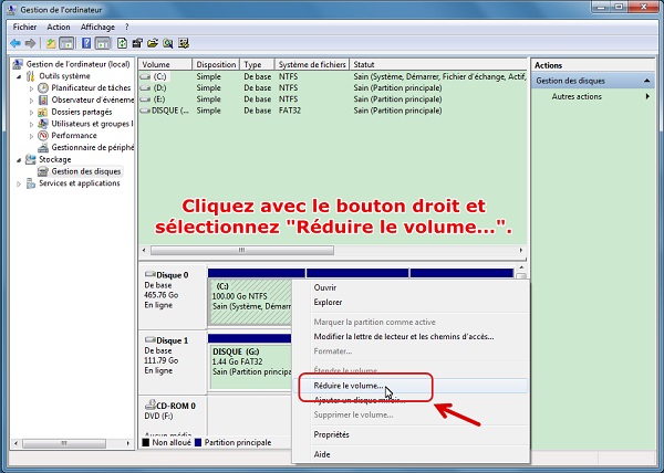 réduire le volume dans la gestion des disques