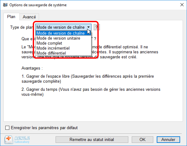 mode de sauvegarde du système