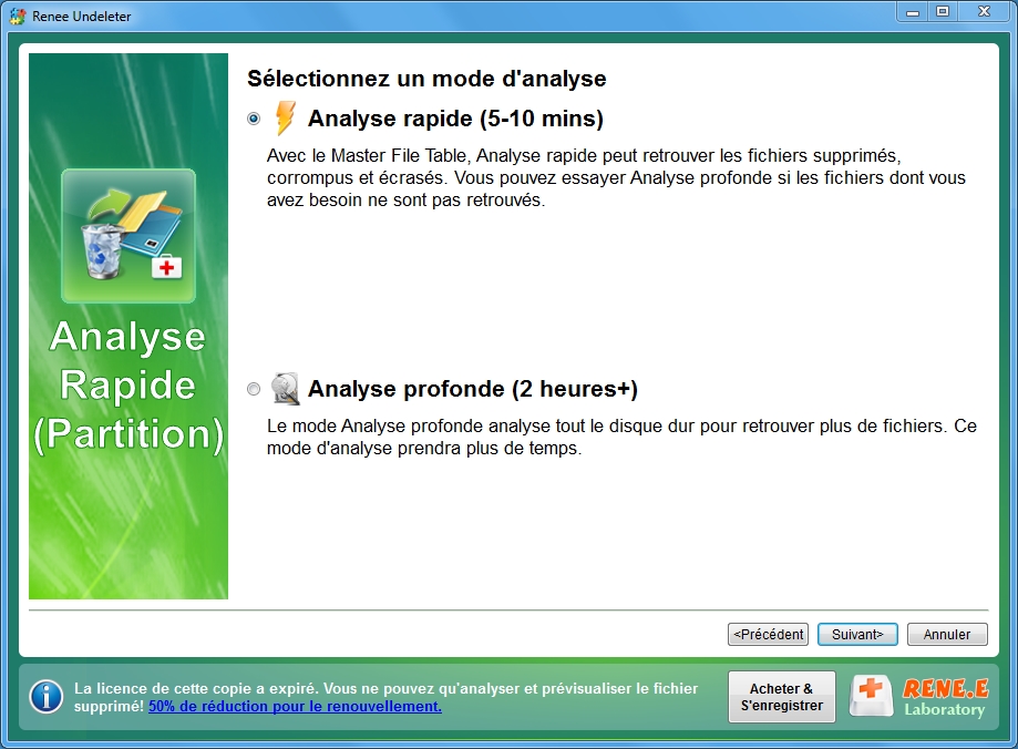 Sélectionnez Analyse rapide dans Analyse rapide des partitions