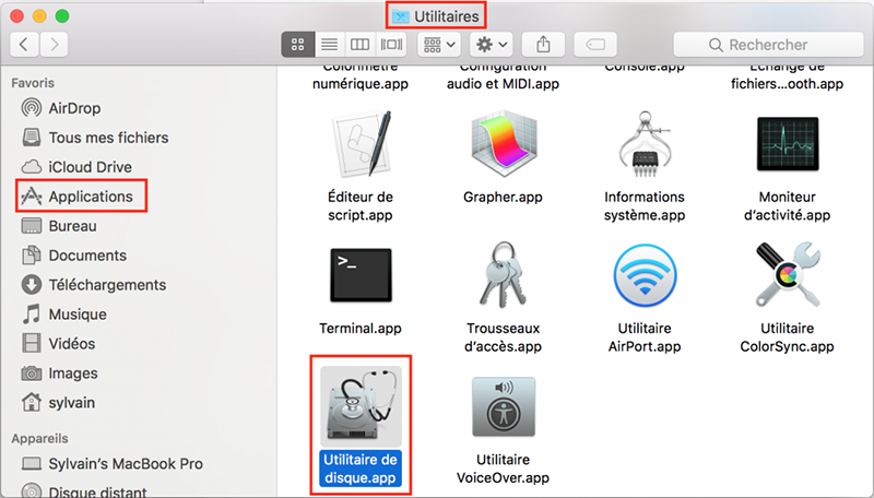 ouvrir l'utilitaire de disque dans macos