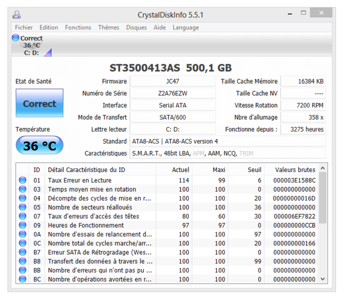 informations du SSD testé par Crystal Disk Info