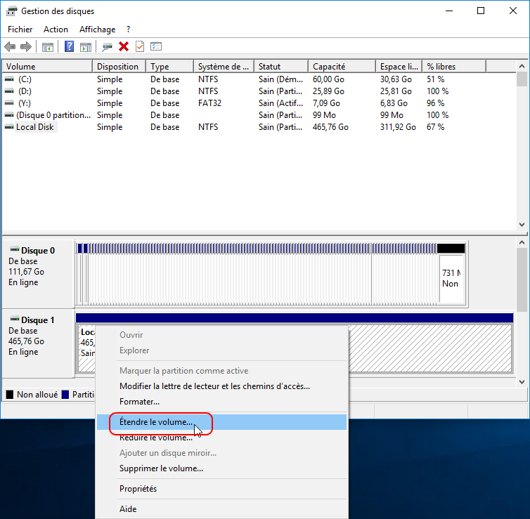 Extension du volume dans Windows