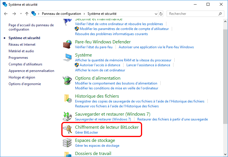 cliquer sur Chiffrement de lecteur BitLocker