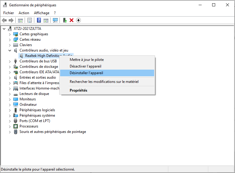 désinstaller le pilote audio