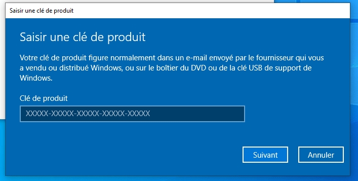 saisir la clé de produit de Windows