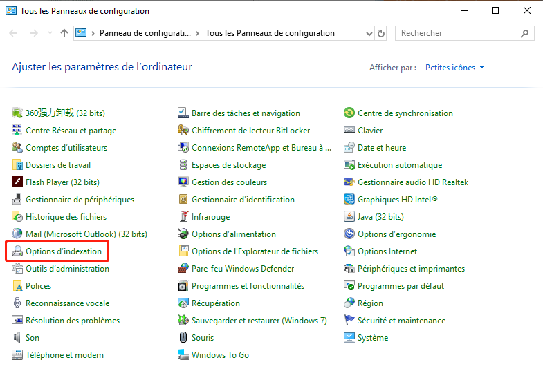 cliquer sur options d'indexation