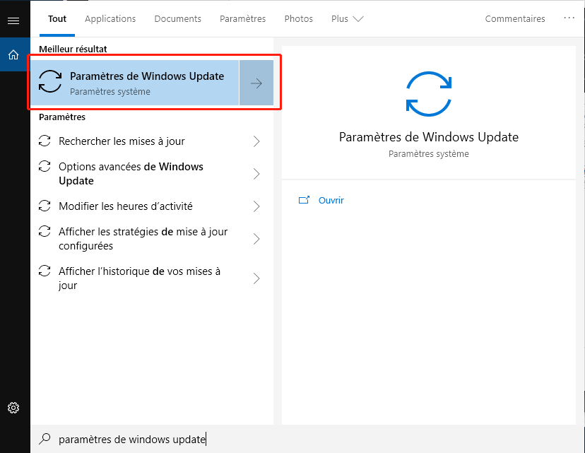 rechercher les Paramètres de Windows Update