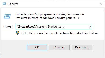 taper la commande %SystemRoot%\system32\drivers\etc à rechercher