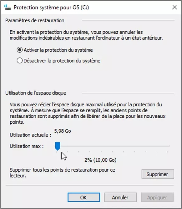 désactiver la protection du système sous Windows