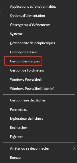 gestion des disques windows clic droit sur démarrer