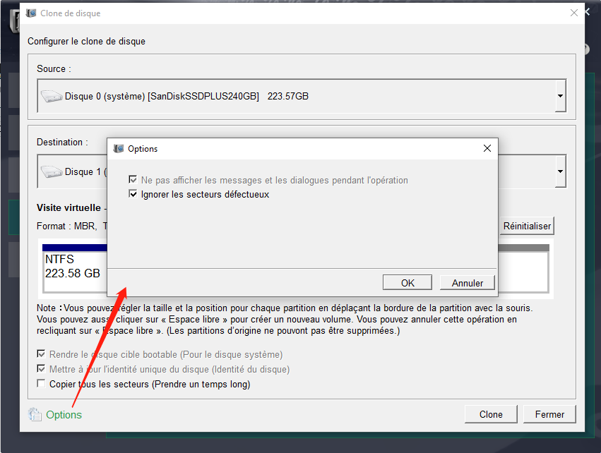options avancées du clonage du disque dur