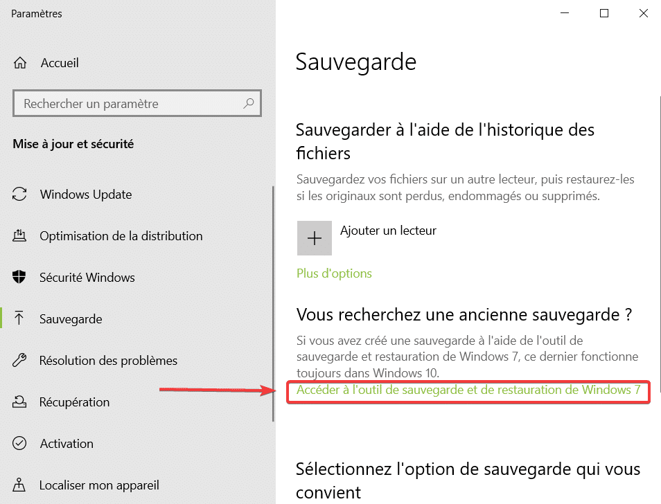 outil de sauvegarde et de restauration de Windows 7