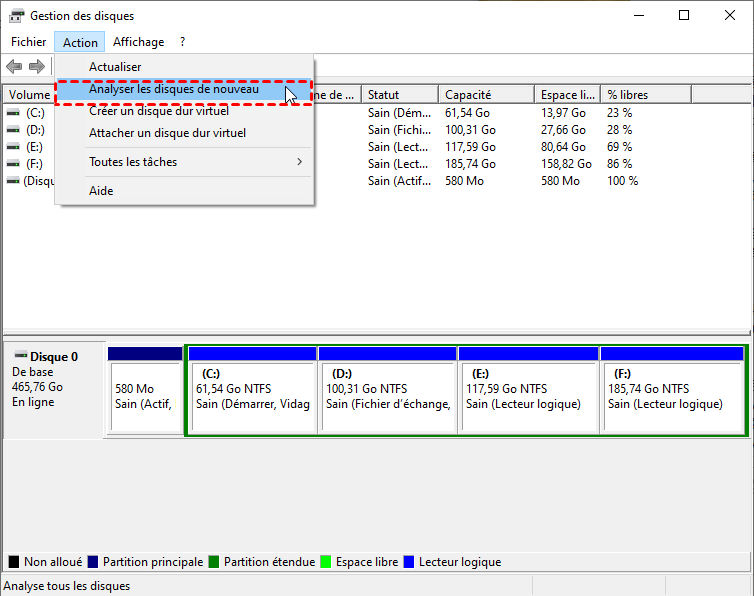 Capture d'écran de Disk Management dans Windows montrant le menu « Action » ouvert, avec l'option « Rescan Disks » en surbrillance.