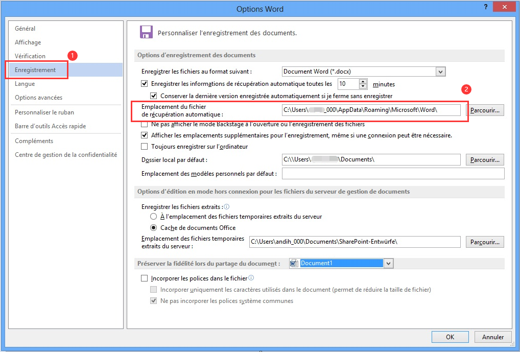 Options de sauvegarde automatique des fichiers Word ouverts