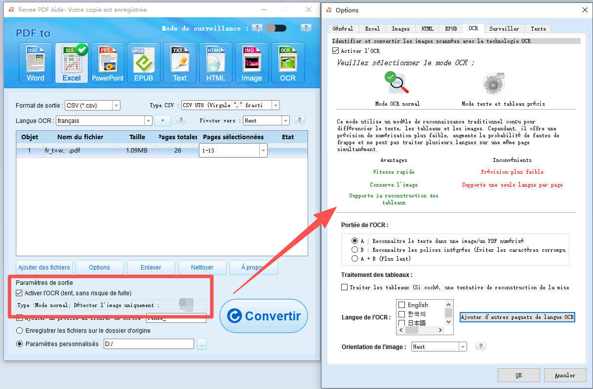 PDF Aide utilisant l’OCR pour convertir pdf en excel ou csv