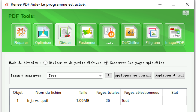 Interface pour sélectionner des plages de pages spécifiques à conserver.