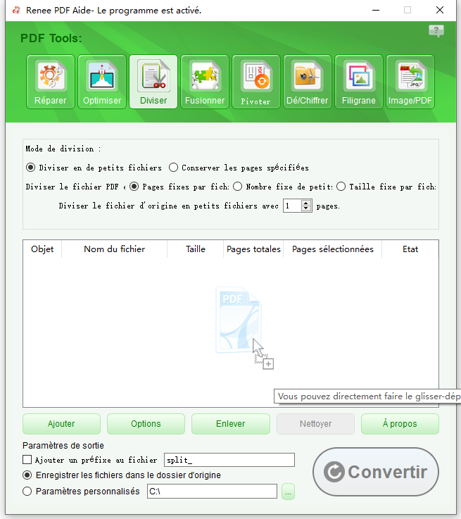 Panneau Scinder dans Renee PDF Aide avec les options pour ajouter des fichiers